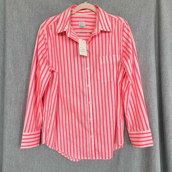 NWT a new day Women Neon Stripe Cotton Blend Button Down Shirt Sz M Work - Picture 1 of 11